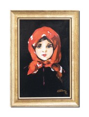 Tablou celebru inramat pictat manual, Tanara cu basma rosie, 35x25cm ulei panza, reproducere Nicolae Grigorescu