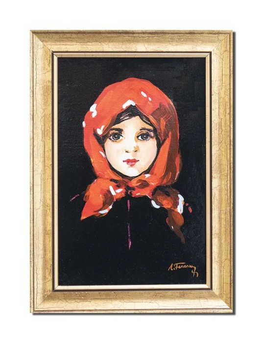Tablou celebru inramat pictat manual, Tanara cu basma rosie, 35x25cm ulei panza, reproducere Nicolae Grigorescu