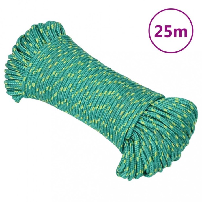 vidaXL Fr&acirc;nghie de barcă, verde, 3 mm, 25 m, polipropilenă