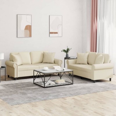 vidaXL Set de canapele cu perne, 2 piese, crem, piele ecologică foto