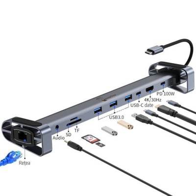 HUB USB-C 10-in-1, PRESTIGE CHARGE&amp;reg;, Intrare Type-C 100W, Incarcare rapida, Transfer 5Gbps, 3xUSB 3.0, HDMI, RJ45, Audio, SD/TF, USB-C si PD Fast Char foto
