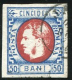 1869 , Lp 29 a , Carol I cu favoriti 50 Bani albastru si rosu - stampilat