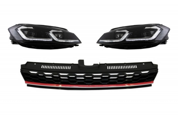 Grila Centrala cu RHD Faruri LED Semnal Dinamic VW Golf 7.5 VII Facelift (2017+) GTI Look Rosu/Crom Performance AutoTuning