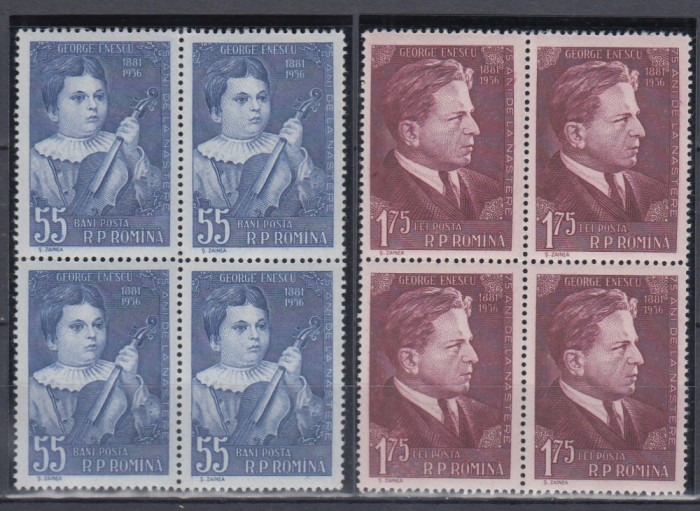 1957 LP 425 - 75 DE ANI DE LA NASTEREA LUI GEORGE ENESCU BLOCURI DE 4 TIMBRE MNH