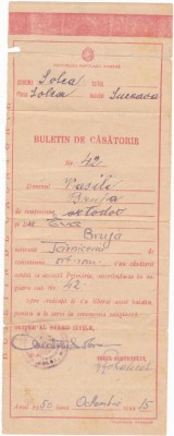 AMS @ - BULETIN DE CĂSĂTORIE DIN ANUL 1950, SOLCA, JUDEȚUL SUCEAVA foto