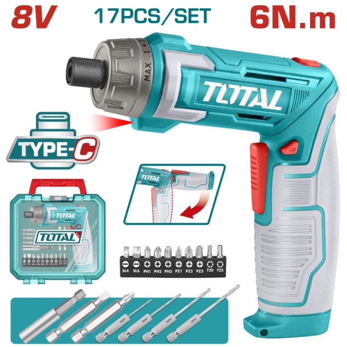 TOTAL - SURUBELNITA 8V LI-ION +ACCESORII, INCARCARE USB PowerTool TopQuality