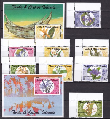 Turks Caicos 1995 flori orhidee MI 1191-1198 + bl. 143,144 MNH foto