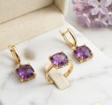 Cumpara ieftin Set din Argint 925 Placat cu Aur , zRoyal Amethyst, , Inel E i Cercei cu Cristale Violet Taietura Perna, 6.1g