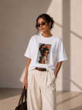 Tricou dama alb din bumbac cu imprimeu fata cu coronita din flori