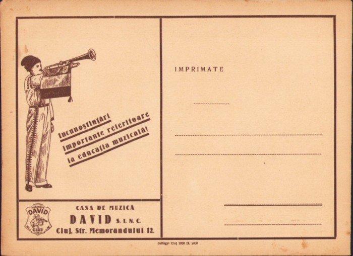 HST A2605N Plic cu reclamă Casa de muzică David, Cluj, perioada interbelică