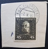 Imperiul Austro-Ungar (Feldpost WWI) 1915-Marcă Poștală Militară de Război (K.u.K. Feldpost) Franz Joseph I 45 Heller Negru pe Decupaj -TG1