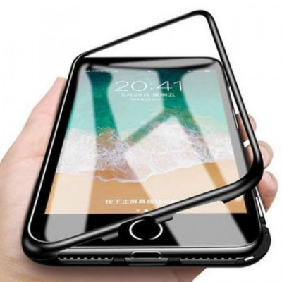 Husa protectie pentru iPhone 8+ Negru Fullbody fata-spate Bumper metalic cu spate de sticla securizata premium foto