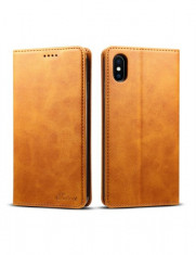 Husa iPhone XS / X, maro, flip cover, piele si tpu, sloturi carduri, bani, cu functie suport, originala Suteni foto