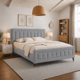 Pat matrimonial Melodie, elemente lemn masiv, tapitat cu stofa, cu somiera,160x200 cm, gri