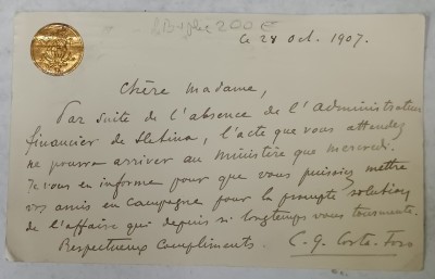 CARTE POSTALA SCRISA SI SEMNATA OLOGRAF DE C.G. COSTA - FORU (1856 -1935 ), CU MONOGRAMA AURITA ,APLICATA , 1907 foto