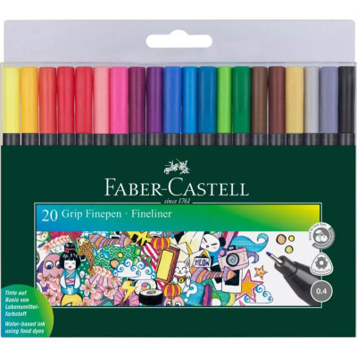 Set 20 Pixuri Liner Faber-Castell Grip, Grosime Varf 0.4 mm, Diverse Culori, Pix Faber-Castell, Pixuri Faber-Castell, Pixuri Liner, Linere Faber-Caste foto