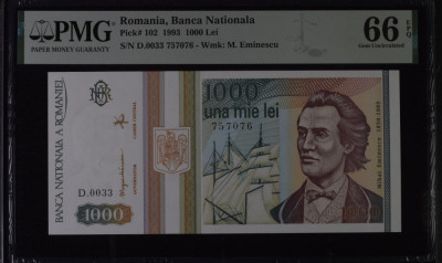 1000 lei 1993 gradata PMG 66 EPQ Gem Unc foto