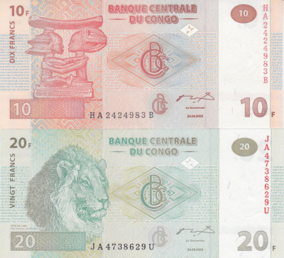 Bancnota Congo 10 si 20 Franci 2003 - P93/94A UNC ( set x2 ) foto