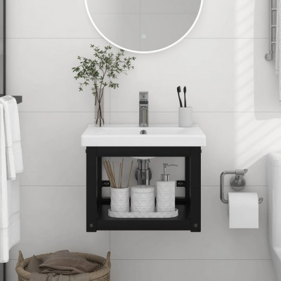 vidaXL Cadru chiuvetă de baie pentru perete, negru, 40x38x31 cm, fier foto