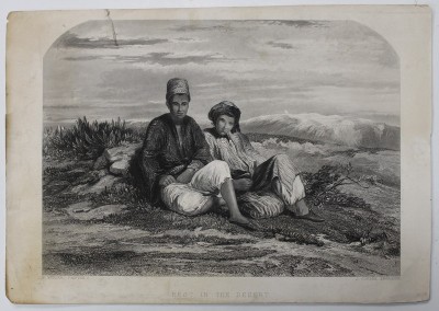 ( REST IN DESERT ) ODIHNA IN DESERT , GRAVURA de J. COUSEN dupa un desen de W. MULLER , SEC. XIX foto