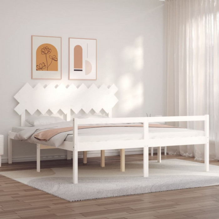 vidaXL Cadru de pat senior cu tăblie, alb, Super King Size, lemn masiv