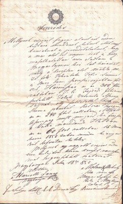 A3096N Contract de &amp;icirc;mprumut bani urmat de contract de v&amp;acirc;nzare a păm&amp;acirc;ntului zălogit ca urmare a neplății, 1852, Baia Mare, Maramureș, limba maghiară foto