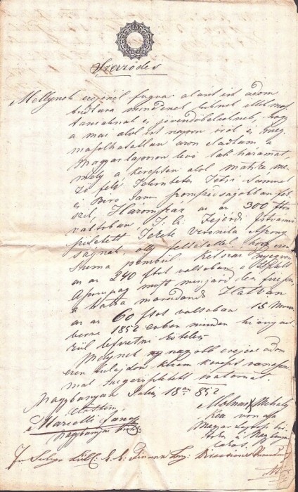 A3096N Contract de &icirc;mprumut bani urmat de contract de v&acirc;nzare a păm&acirc;ntului zălogit ca urmare a neplății, 1852, Baia Mare, Maramureș, limba maghiară