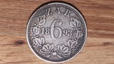 Africa de sud ZAR -moneda colectie foarte rara- 6 pence 1893 argint superb patinata - tiraj 95k - valoare catalog mare !