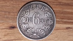 Africa de sud ZAR -moneda colectie foarte rara- 6 pence 1893 argint superb patinata - tiraj 95k - valoare catalog mare !