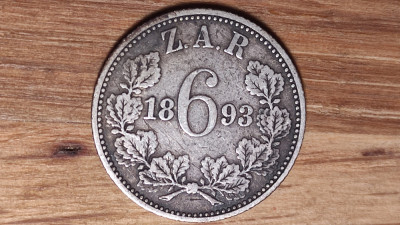 Africa de sud ZAR -foarte rara- 6 pence 1893 argint superb patinata - tiraj 95k foto