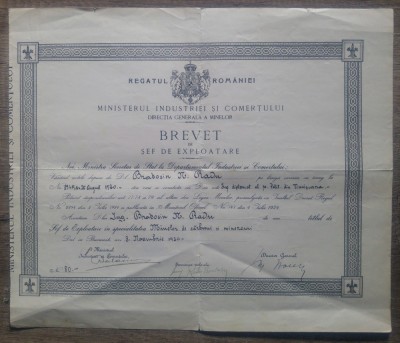 Brevet de sef de exploatare, specialitatea minelor de carbuni si minereuri/ 1930 foto