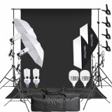 Cumpara ieftin Kit studio foto video cu fundal negru profesional, 2 softboxuri, 2 umbrele, 2 becuri fluorescente 45W 5500K si 2 LED 150W, stative 200 cm si genti tra