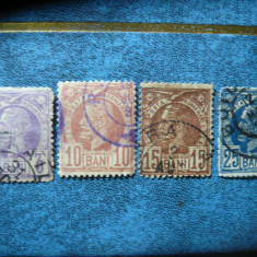 4 Timbre Romania Vulturi 1885 Carol I : 3 , 10 , 15, 25 bani , stampilat