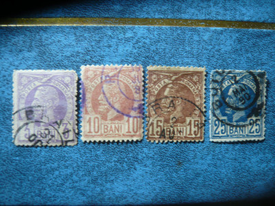 4 Timbre Romania Vulturi 1885 Carol I : 3 , 10 , 15, 25 bani , stampilat foto