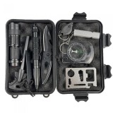 Kit Supravietuire 11 in 1, Busola, Fluier, Lanterna, Cutit, Pix, Fierastrau, Cutie Negru