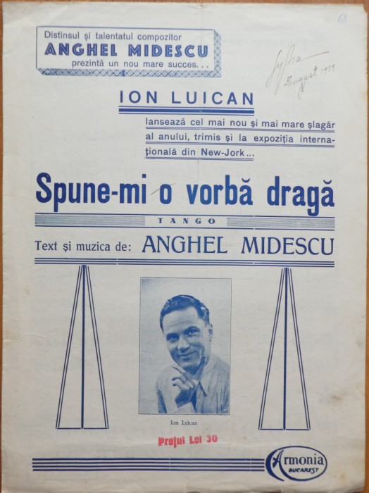 Partitura Spune-mi o vorba draga, lansata de Ion Luican, de Anghel Midescu, 1939