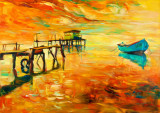 Tablou canvas Barca, mare, apus soare, pictura, 105 x 70 cm