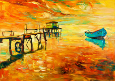 Tablou canvas Barca, mare, apus soare, pictura, 75 x 50 cm foto