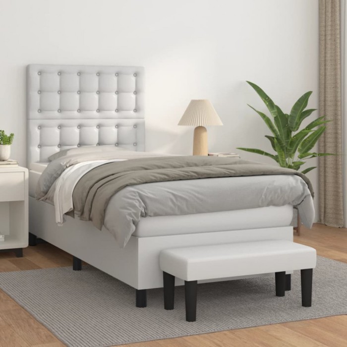 vidaXL Pat box spring cu saltea, alb, 90x200 cm, piele ecologică 3137642