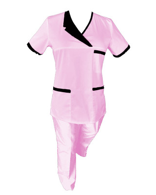 Costum Medical Pe Stil, Roz deschis cu Elastan Cu Paspoal si Garnitură neagra, Model Nicoleta - 4XL, 4XL foto