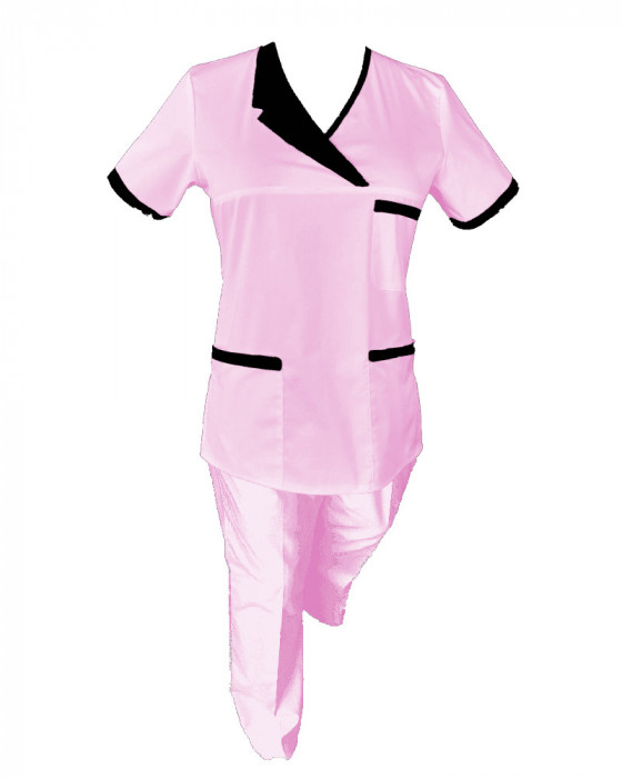 Costum Medical Pe Stil, Roz deschis cu Elastan Cu Paspoal si Garnitură neagra, Model Nicoleta - XS, XS