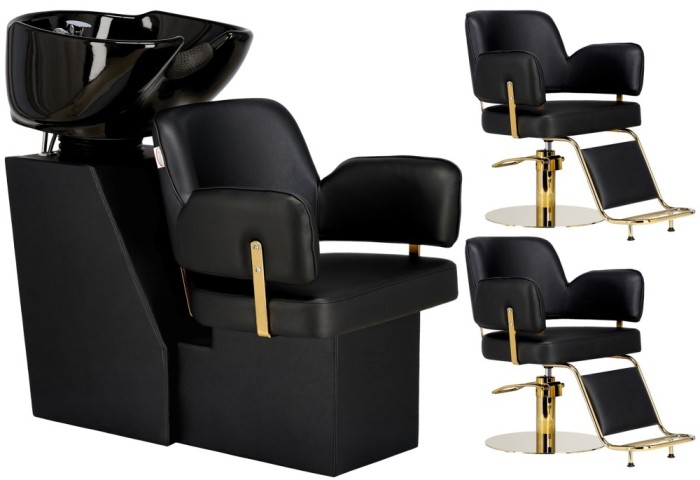 Set profesional Scafă unitate de spălare Austin cu 2 x scaune coafor hidraulice piele ecologică și bol ceramic