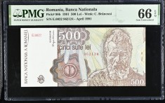 (2) BANCNOTA ROMANIA - 500 LEI 1991, APRILIE 1991, GRADATA PMG - 66 EPQ