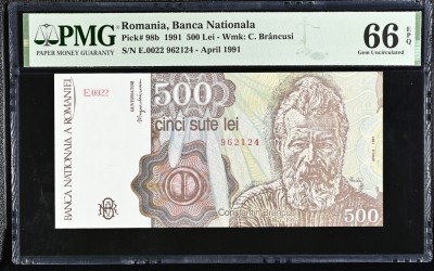 (2) BANCNOTA ROMANIA - 500 LEI 1991, APRILIE 1991, GRADATA PMG - 66 EPQ foto