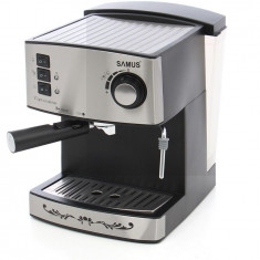 Espressor Samus Espressimo Silver, 15 bari, 1.6 L, Filtru inox, Duză abur pentru cappuccino, Plită preîncălzire cești, Negru/Inox