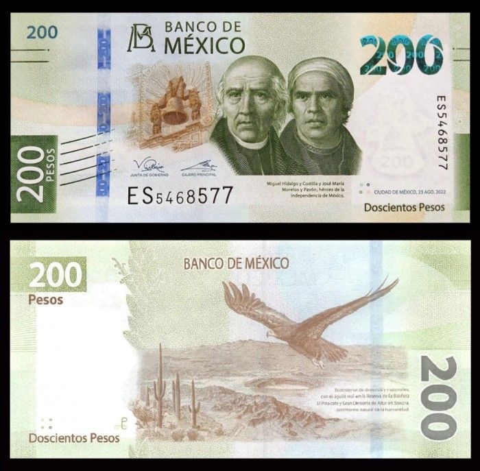 MEXIC █ bancnota █ 200 Pesos █ 2022 █ P-135 █ SERIE EM █ UNC █ necirculata