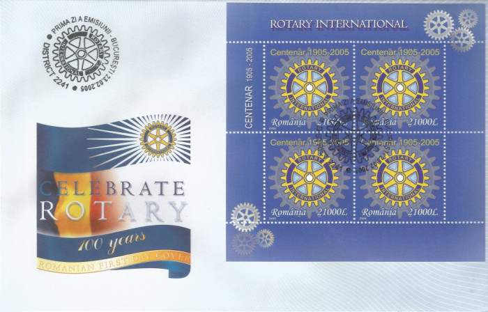 Rom&acirc;nia, LP 1673-2005, Centenar Rotary - bloc de 4 mărci, FDC