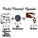 Set Cadou Pasionati Hyundai , 13 Stickere Personalizate, Breloc 3D si Air Freshener Roata 3D
