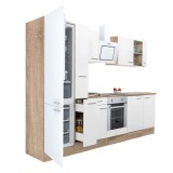 Mobilă de bucătărie Yorki 300, corp din stejar sonoma, față alb satinat, element cuptor inferior, frigider congelator inferior