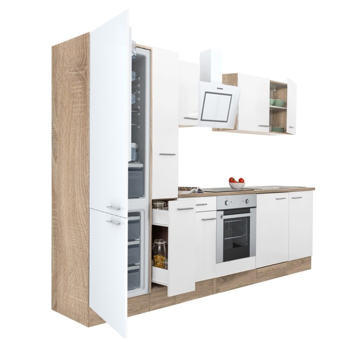Mobilă de bucătărie Yorki 300, corp din stejar sonoma, față alb satinat, element cuptor inferior, frigider congelator inferior